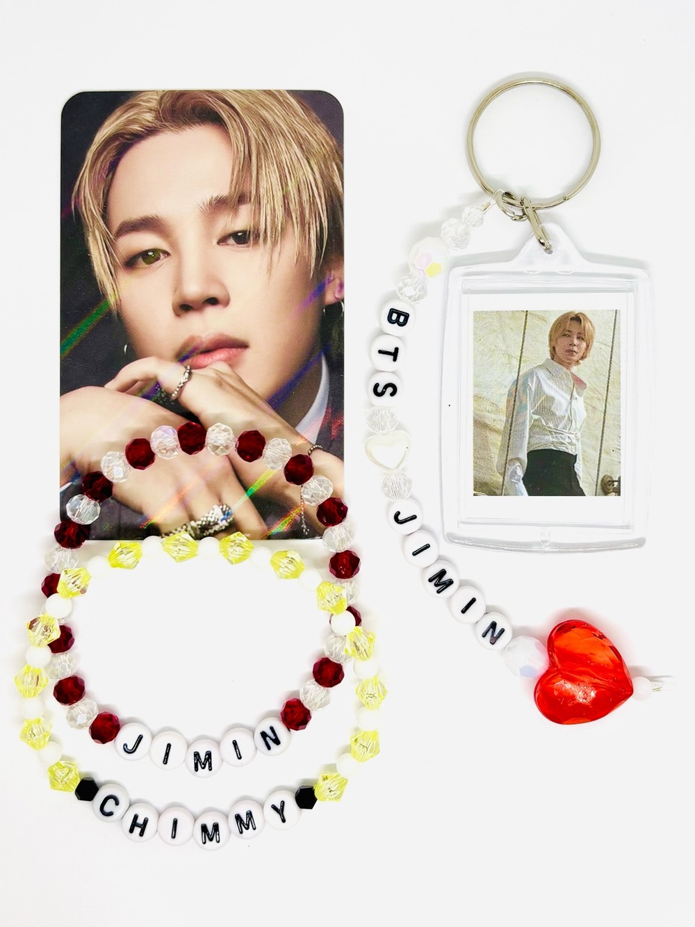(4pcs) BTS JIMIN BIAS ACRYLIC PHOTO KEYCHAIN BRACELET PHOTOCARD BUNDLE